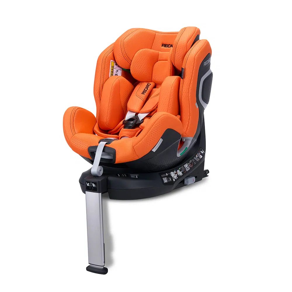 Orange car seat with rotating base and safety harness system for infant protection