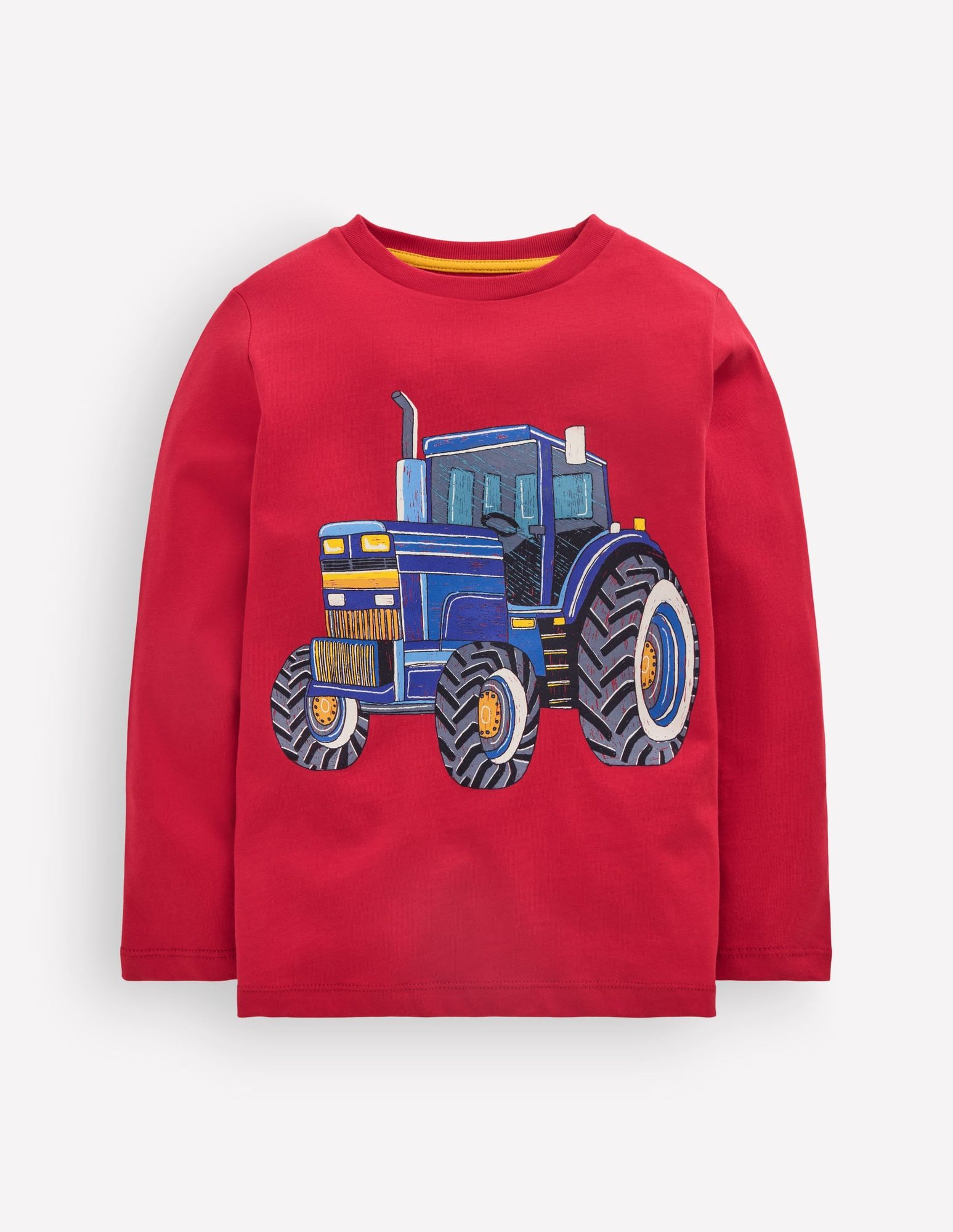 Rotes Langarmshirt mit farbigem gesticktem Traktor in Blau, Gelb und Grau