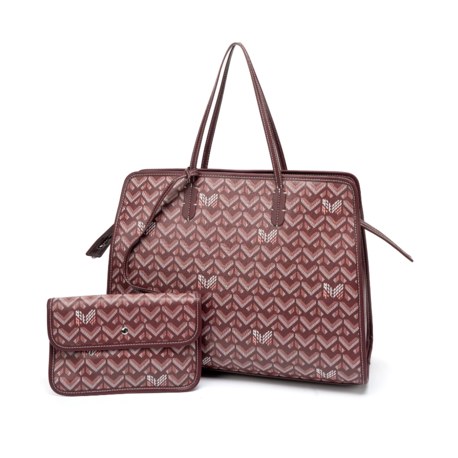 Burgundy quilted tote bag with chevron pattern and matching wallet