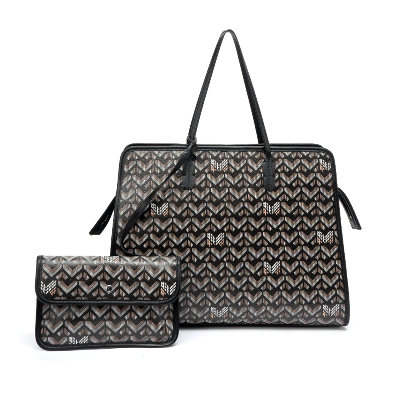 Black quilted tote bag with chevron pattern and matching wallet