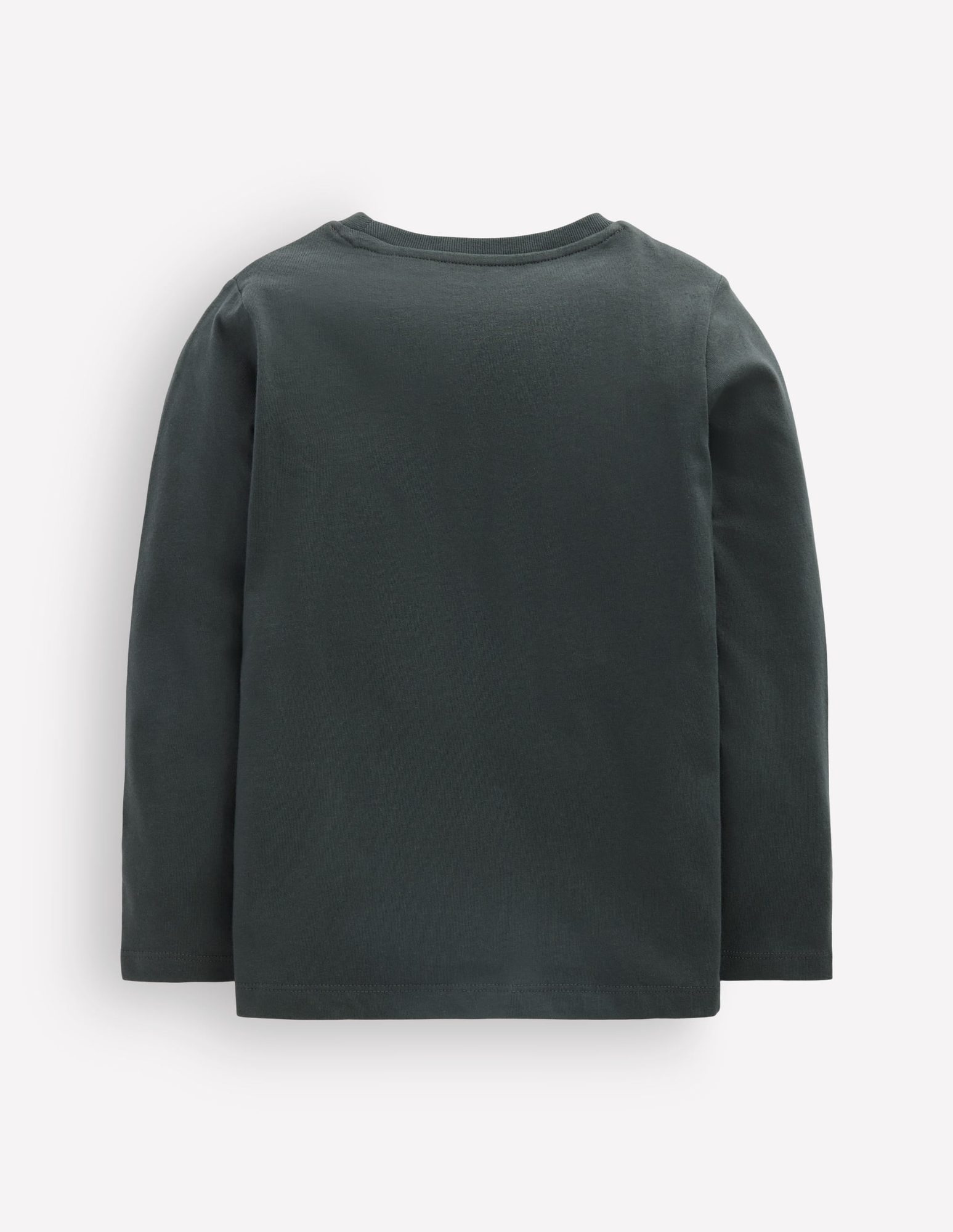 Dunkelgrauer Baumwoll-Langarmshirt mit Rundhalsausschnitt vor hellem Hintergrund