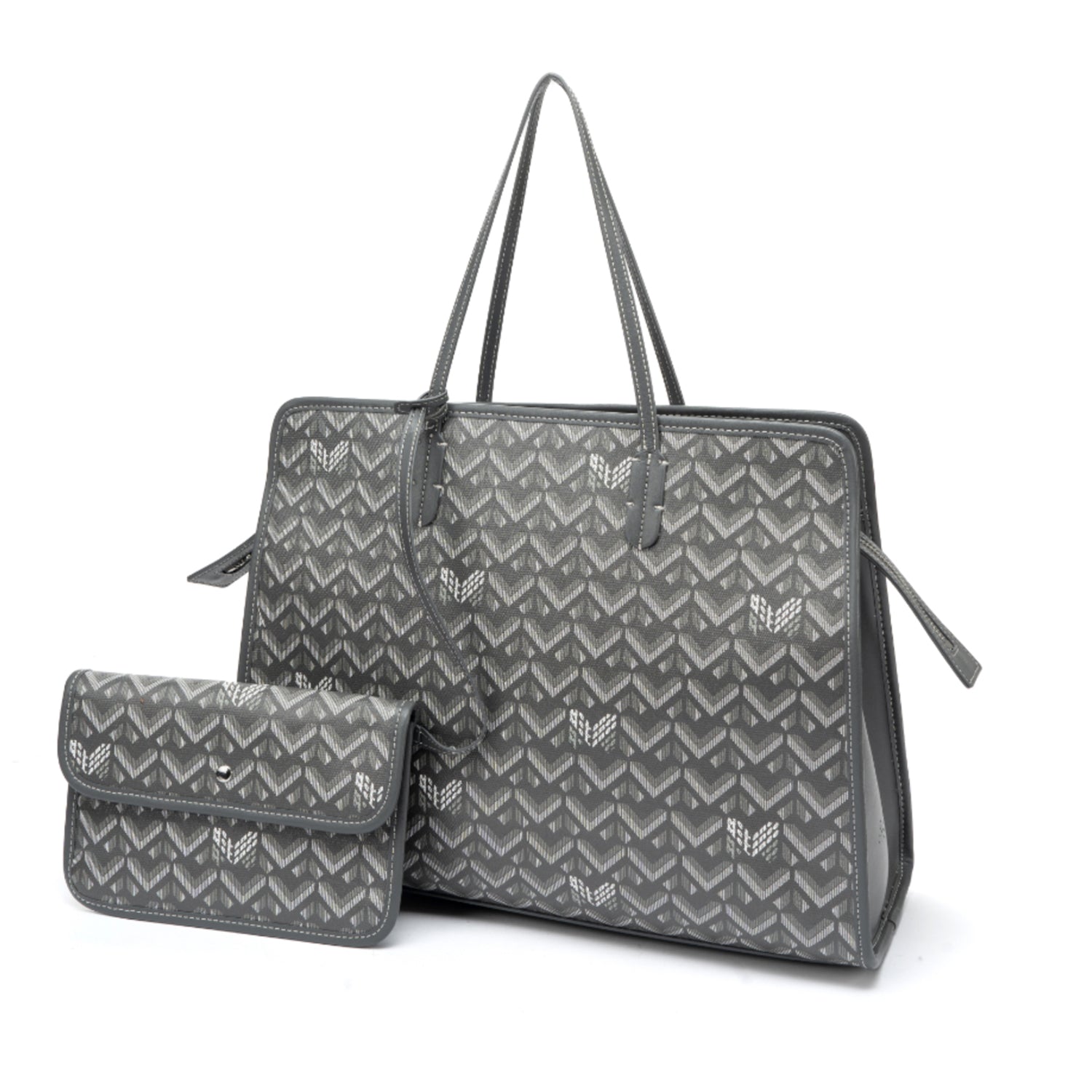 Gray quilted tote bag with chevron pattern and matching wallet