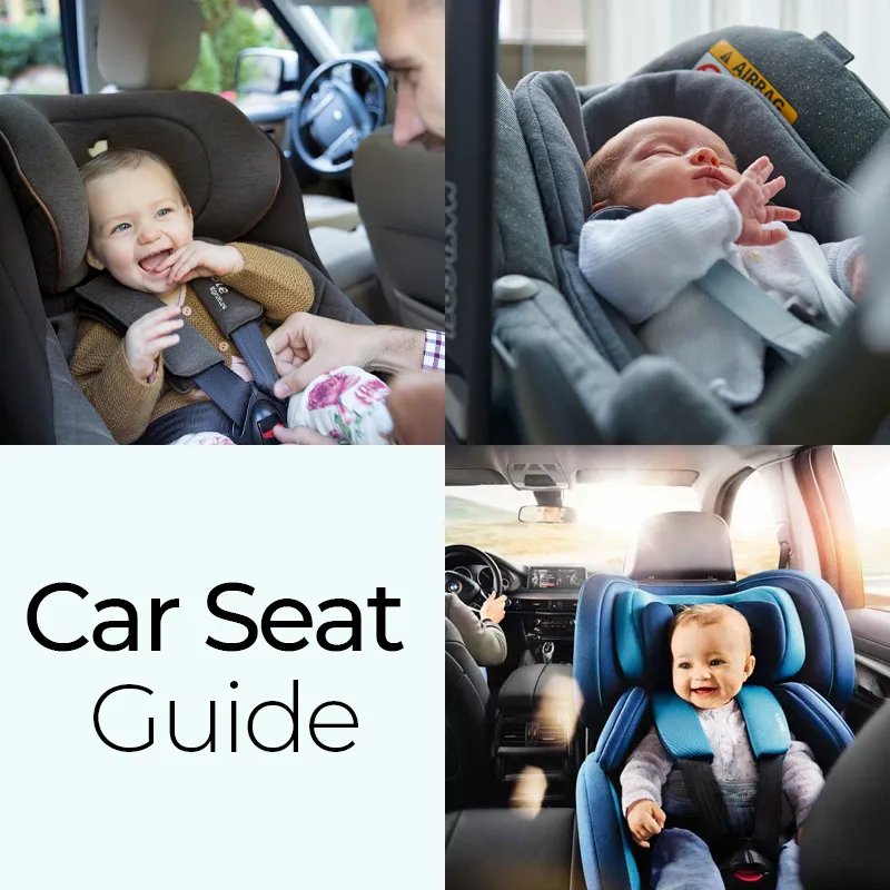 Car seat guide collage showing children and babies in various car seat types and positions