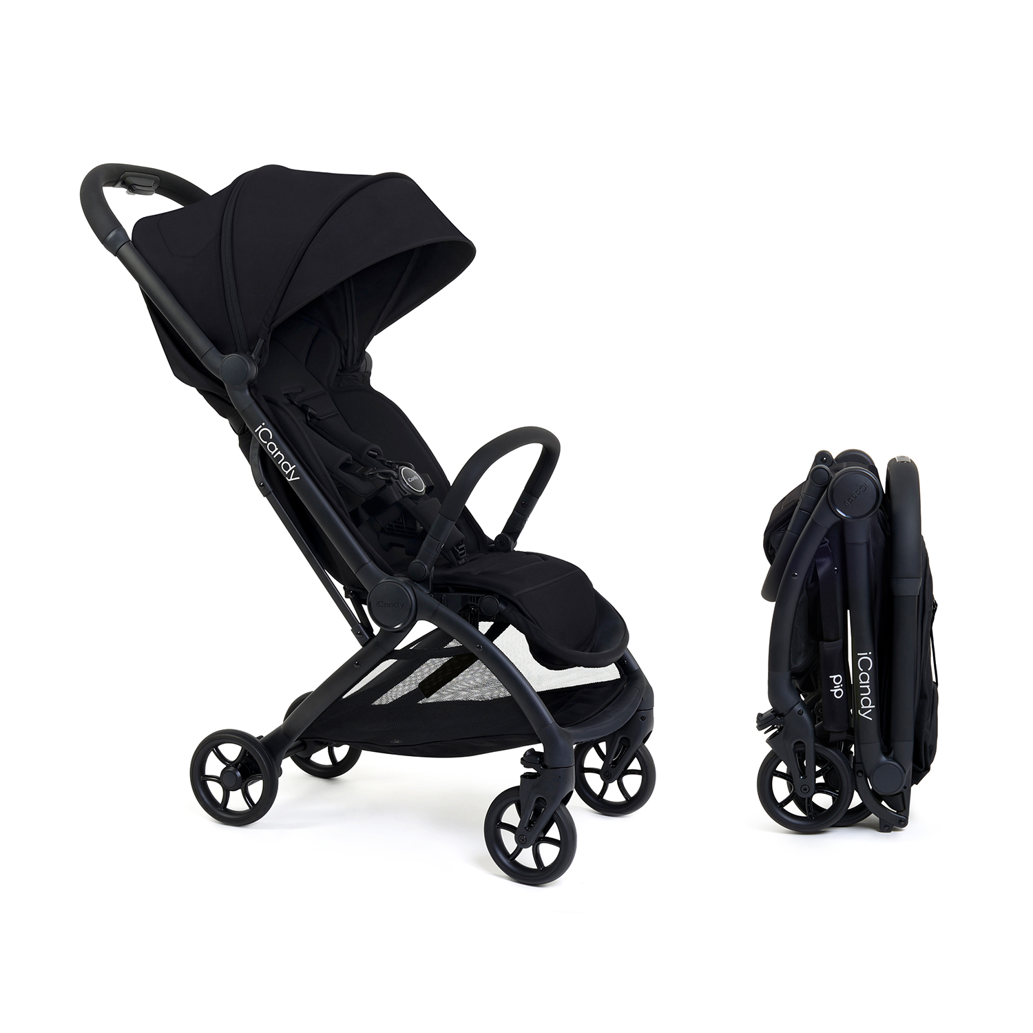 Black compact stroller shown open and folded side-by-side displaying portability features